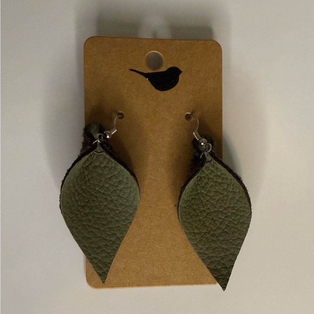 Olive Green Faux Leather Leaf Drop Earrings